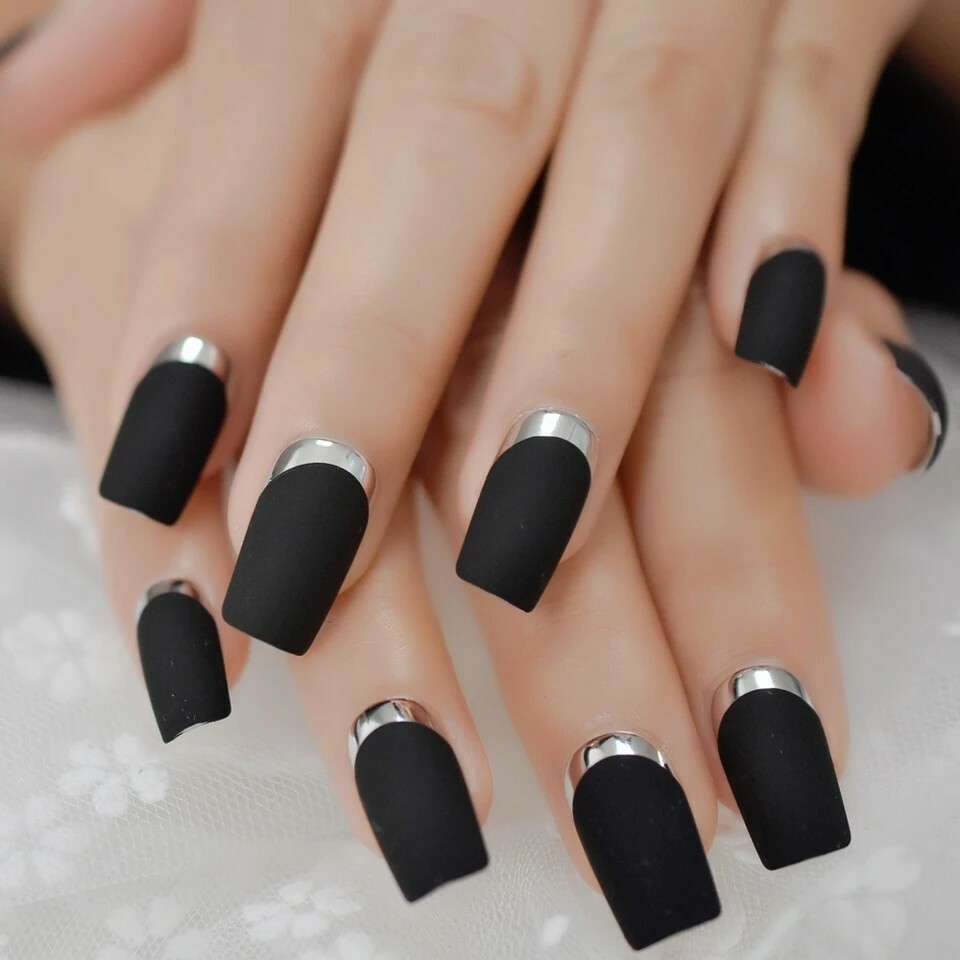 24 Matte Black Chrome Rim Press On Nails Square w/ glue silver