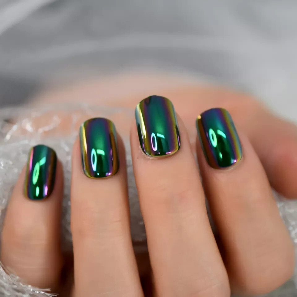 24 Short Press on nails kit w glue green chameleon chrome
