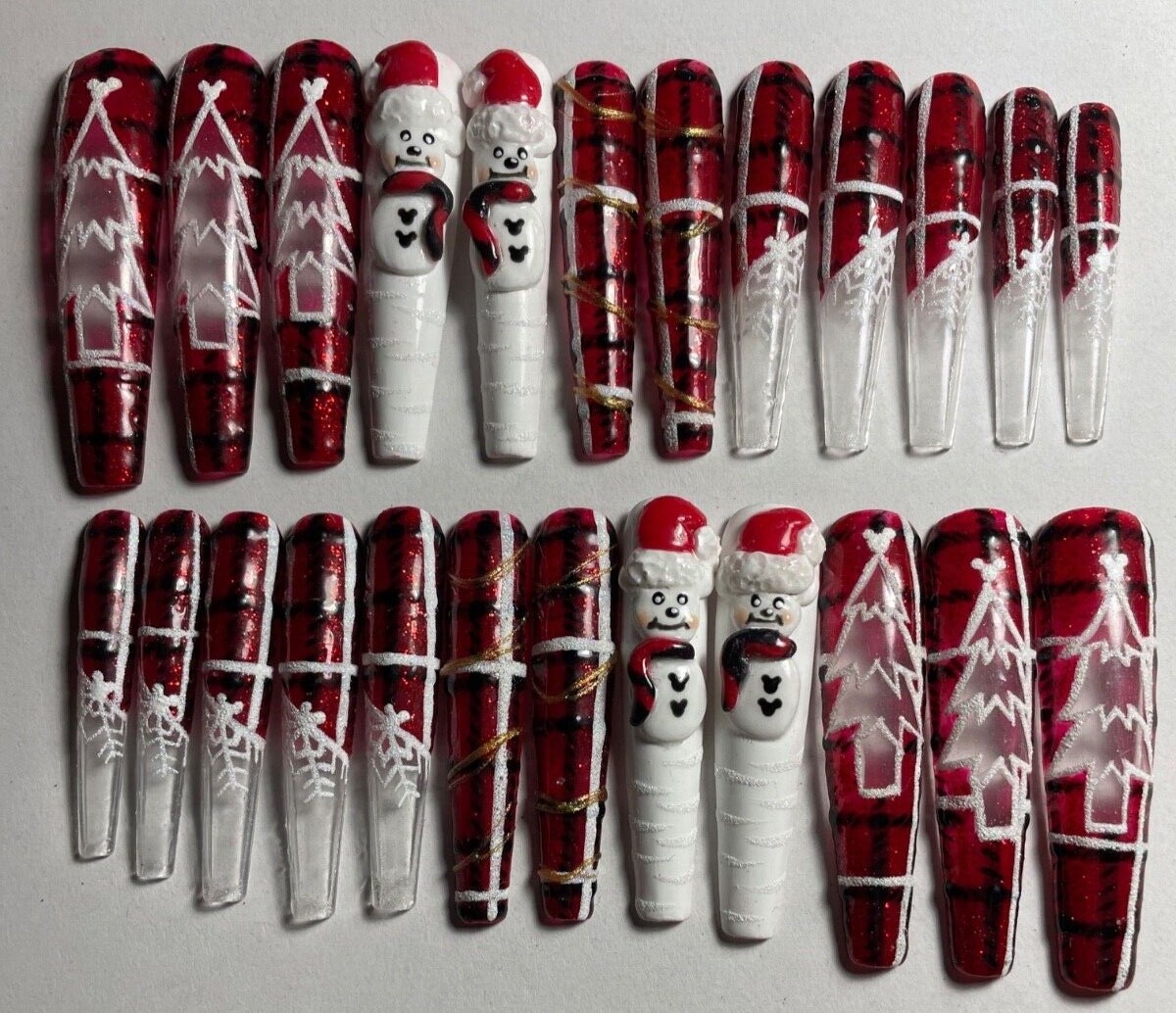press on nails custom 24 3XL Christmas tree snowman 3-D coffin plaid red sparkle