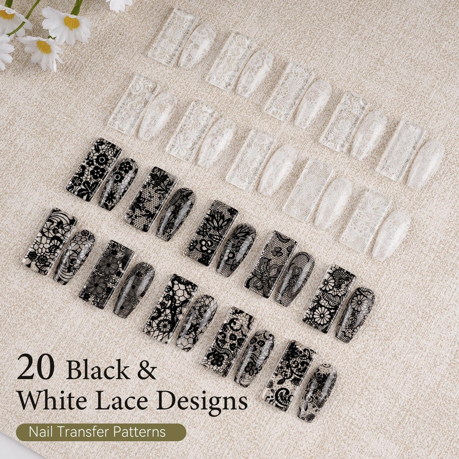 Lace Nail Foil Transfer Kit – 16.5ml Glue, 20 Rolls Black & White Foils, DIY Nai