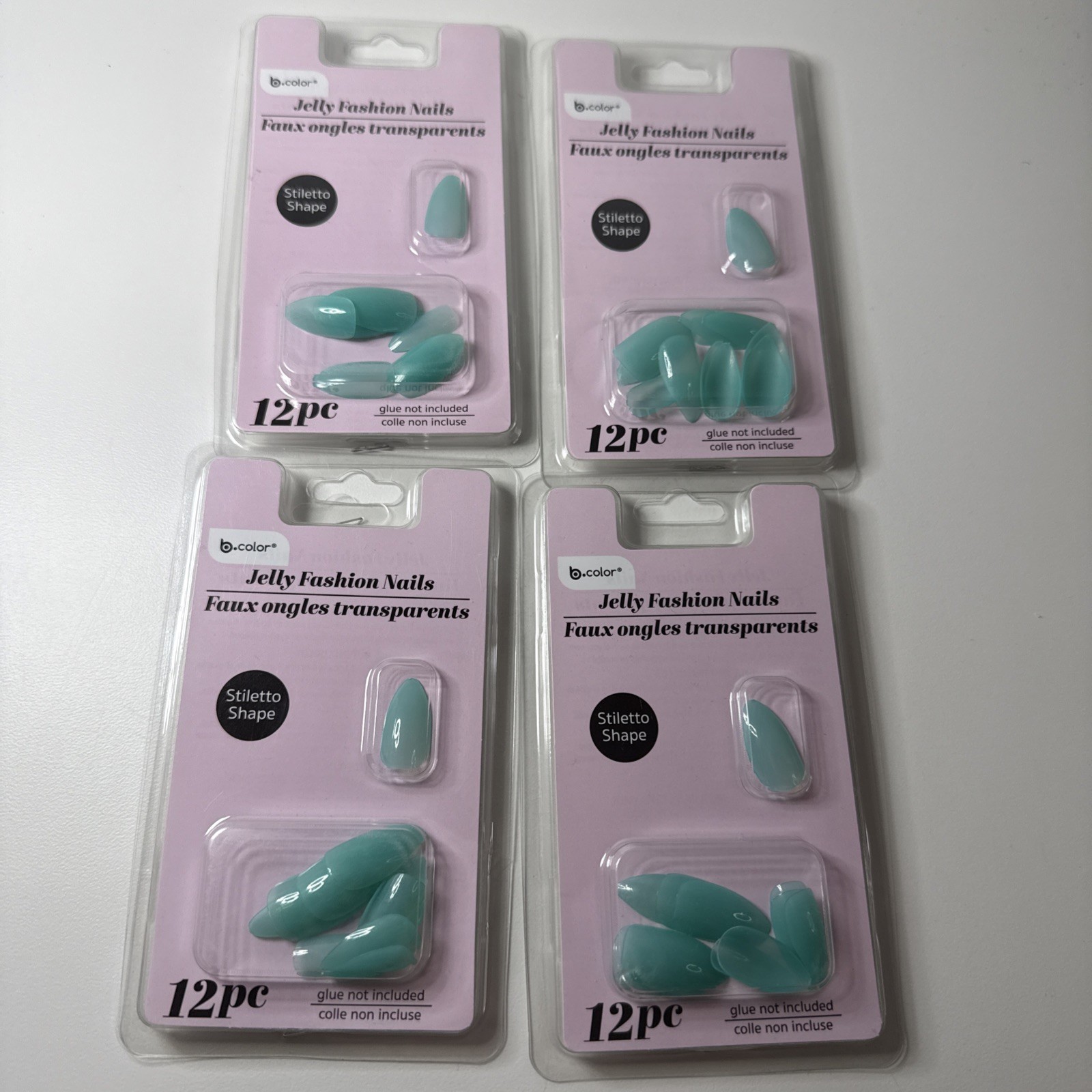 4 Matching Sets Jelly Nail Tips 12 Piece Each – Stiletto Pointed Teal Turquoise