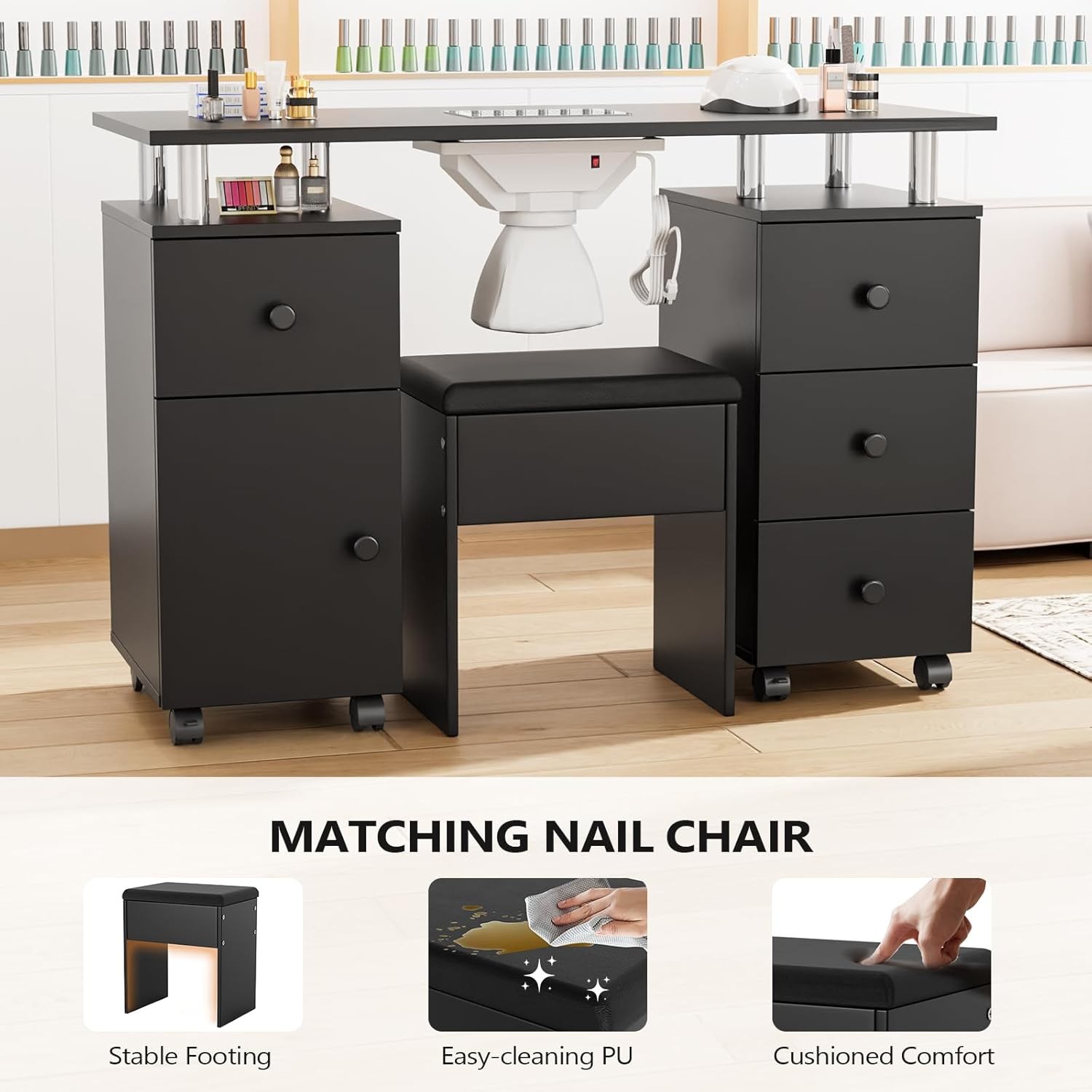 New Nail Tech Desk with Stool, Integrated Dust Collector for Makeup Beauty Salon