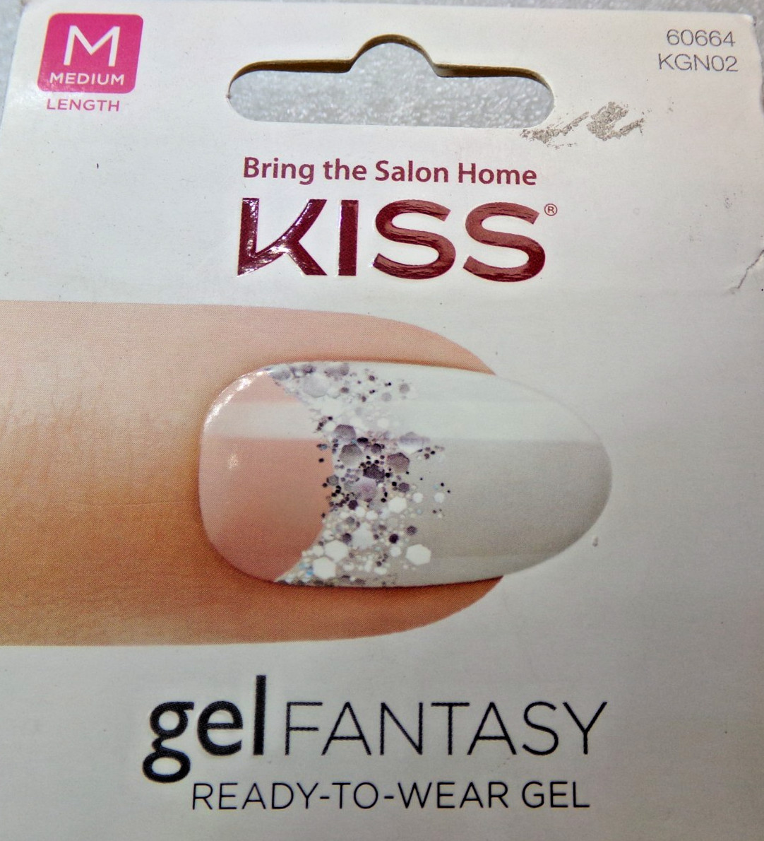 Kiss gel Fantasy Nude and White with Silver Glitter Glue On Nail Medium Oval