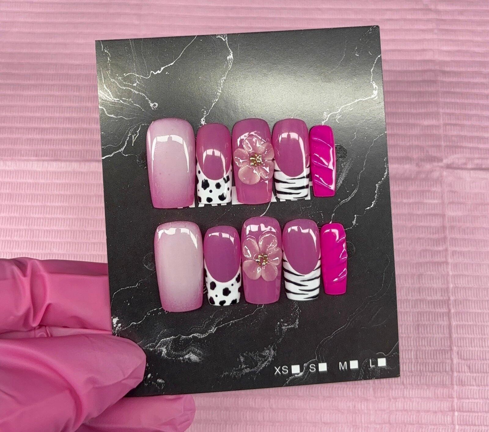 Medium square press on nails animal print 3d gel flower aura
