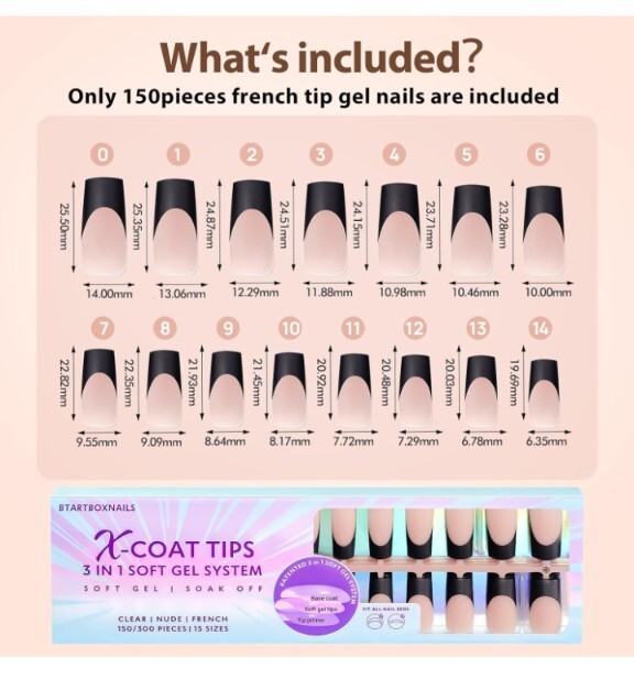 X-Coat Tips Kit 150/300 Piece 15 Sizes 3 IN 1 Soft Gel Soak Off BTARTBOXNAILS