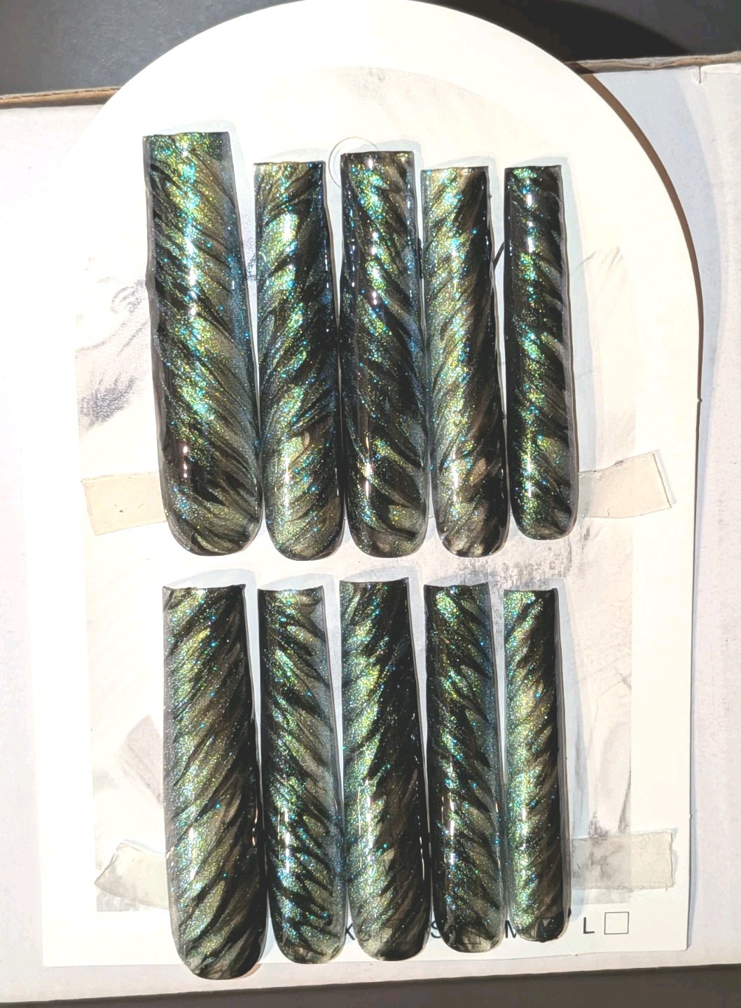 Hand crafted Black/Green custom cateye 10pc 3xl acrylic press on nails sz Medium