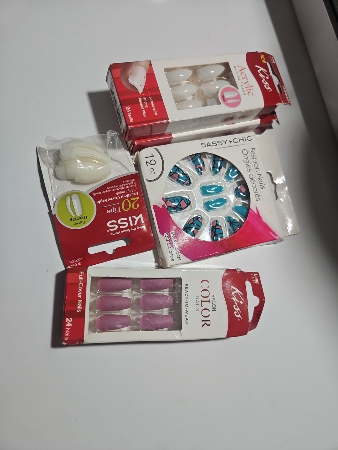 Kiss 24 ACRYLIC NATURAL LONG Glue-On False Nails 3 White 1 Purple 1 Blue Set Of5