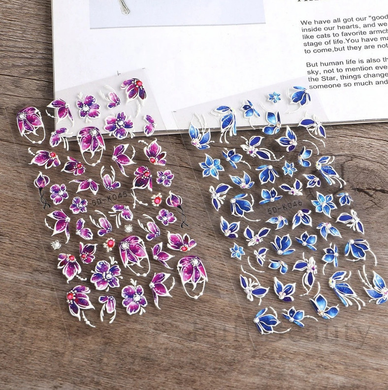 5D Blue Purple Lace Butterfly Flowers Nails Art Stickers Embossed Decals NS42