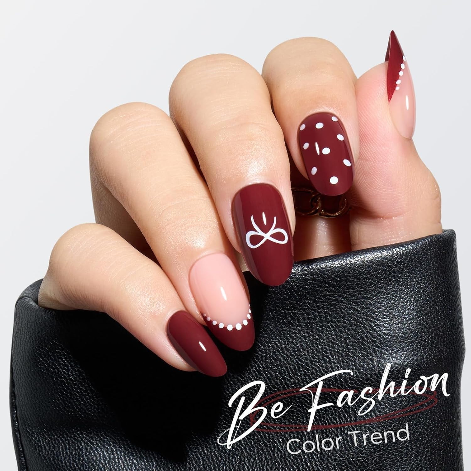 Modelones Dark Red Press on Nails Almond, Burgundy French Tip Polka Dot Bow