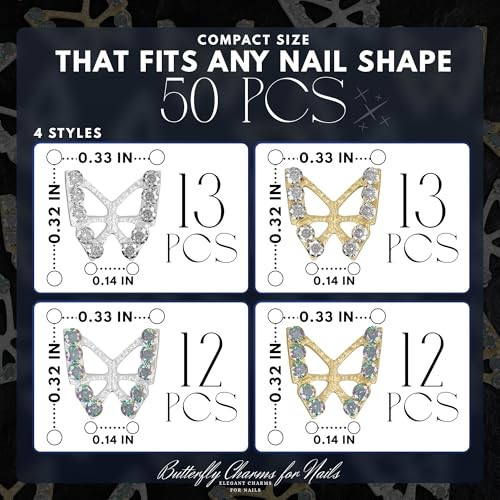 – Silver & Gold Butterfly Nail Charms, Long 50 Pcs Butterfly Charms for Nails
