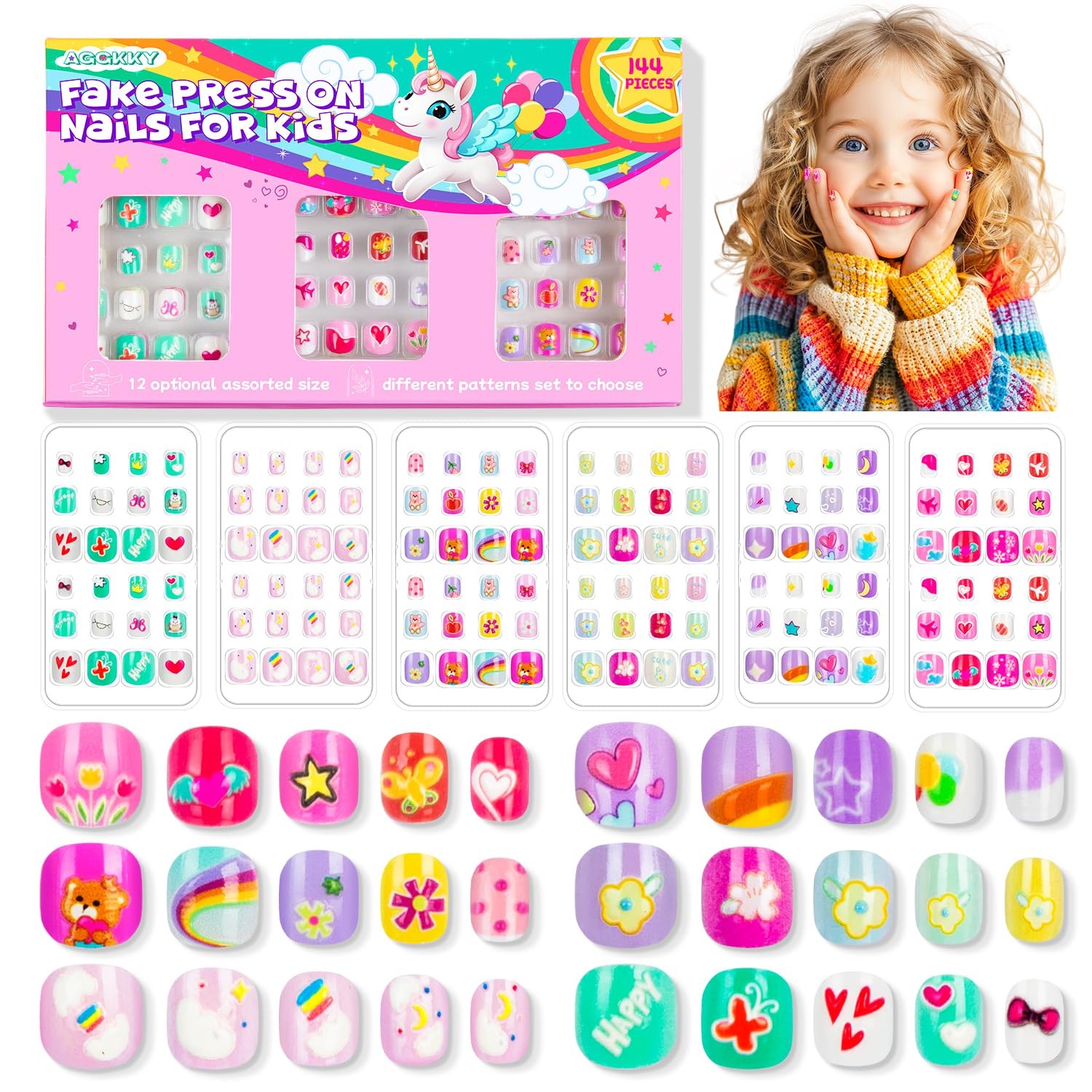 144 Pieces 6 Pack Kids Press on Nails Artificial Fake Nails for Kids Girls Pr…