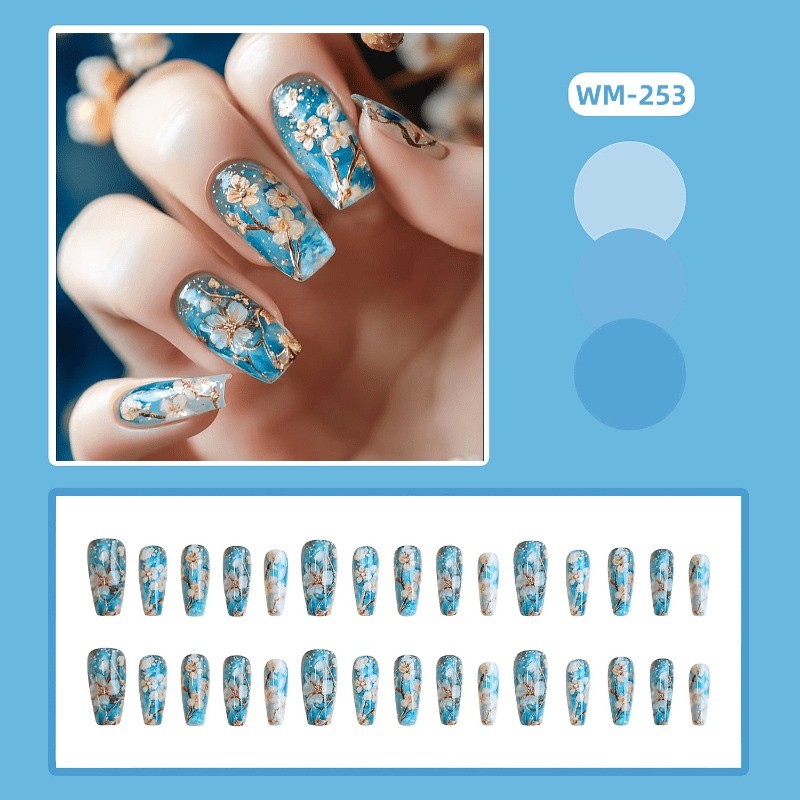48 Pieces of Blue Glazed Gold-plated Plum Blossom Fake Nails, Removable Nail Art