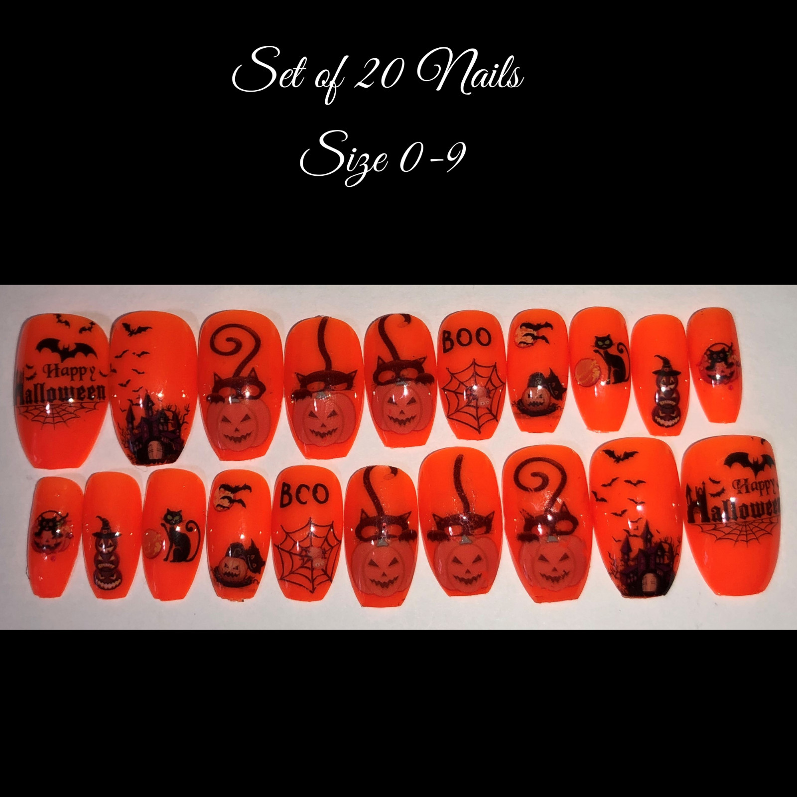 Black Cats and Pumpkins- press on nail set- (Set of 20 sizes 0-9) Short Coffin