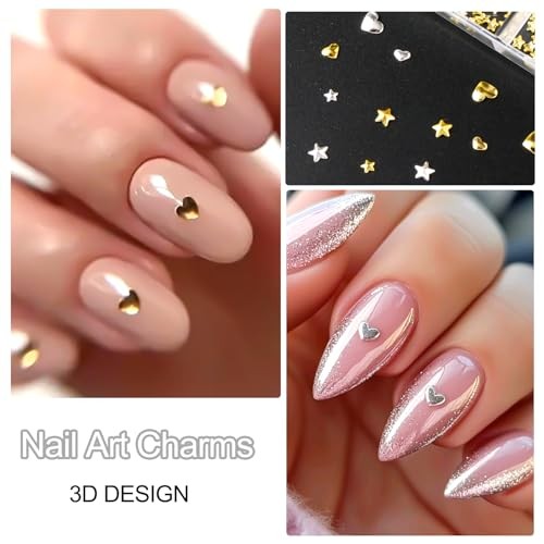 3D Nail Charms Gold & Silver Heart Star S-274-03+ZSHZ-982+G-167 white+tweezers