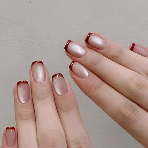 Red French Tip Press on Nails Short Square Fake 0.8 Fl Oz (Pack of 30) Style 21