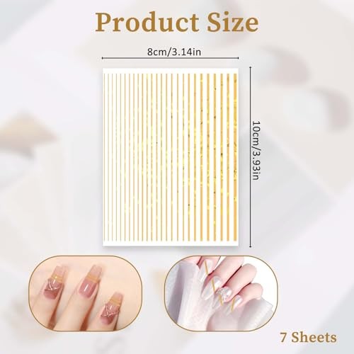 7 Sheets Line Nail Art Stickers Gold and Silver, Metallic Nail Striping for