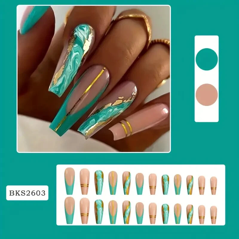 24Pcs Set Long Coffin Ballet Turquoise Green Marble Press On Nails Gold metallic