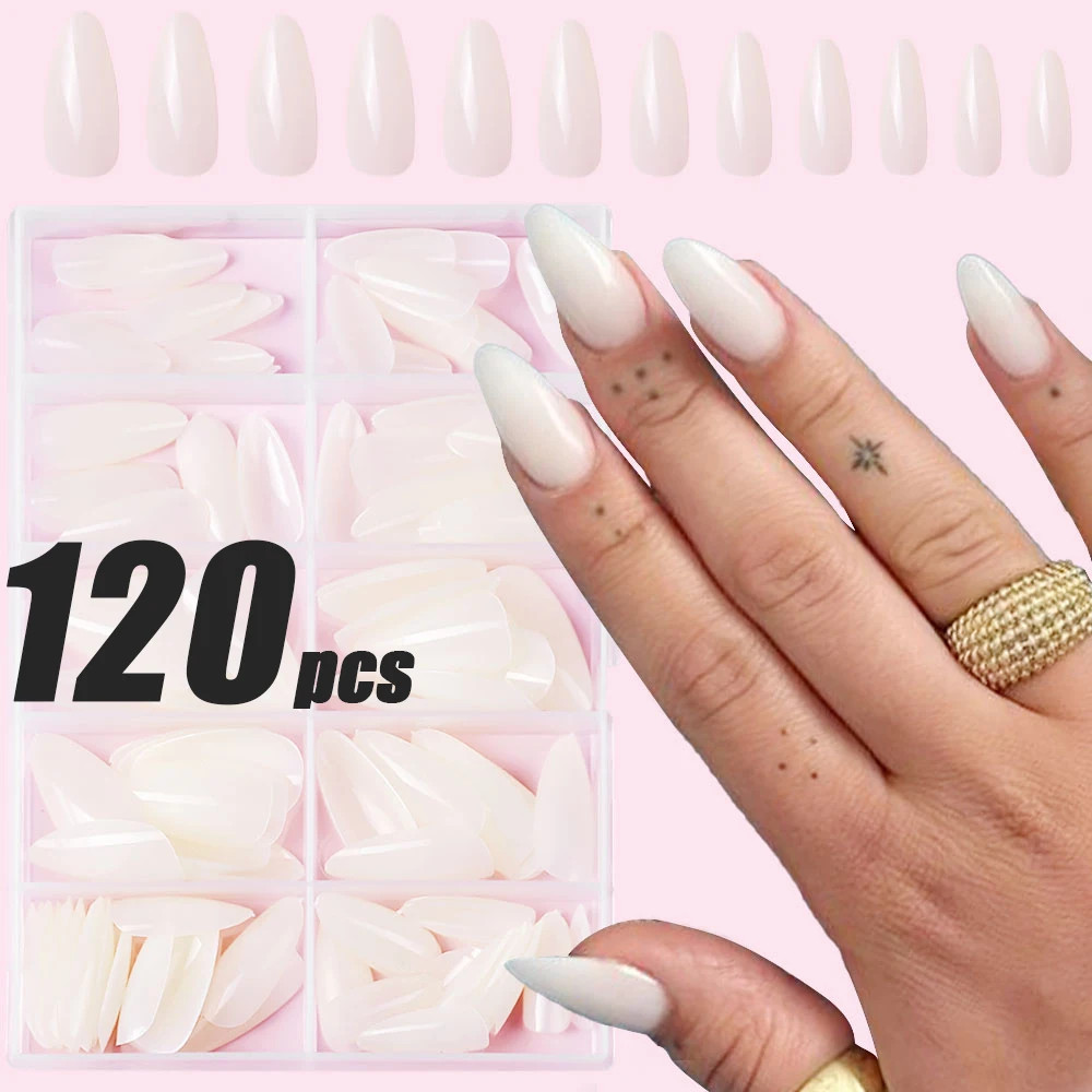 120Pcs Short Almond Press On Nails Cherry Red Milky White Fake Nails