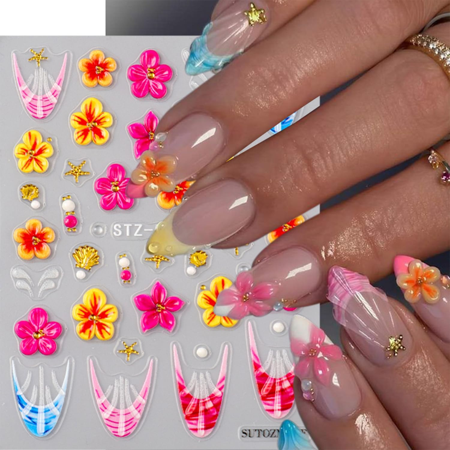 2 Sheets Spring Flower Nail Stickers for Nail Art 5D Self-Adhesive Embossed Fren