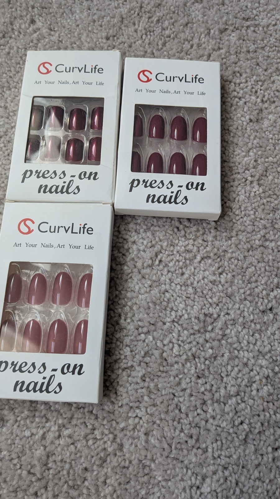 CurvLife Press-On Nails Pink/Burgundy Pearl Almond Medium Pre-Designed