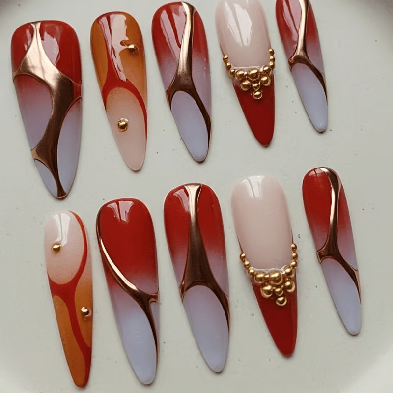 Handmade Gold Lined Press on Nails Red Blue Ombre Medium Almond Bead 3D Gift