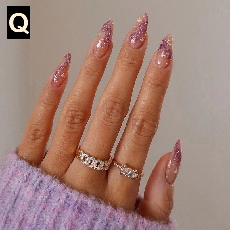 12 Boxes Flower Star French Tip Long Almond Press On Nails (Wholesale)