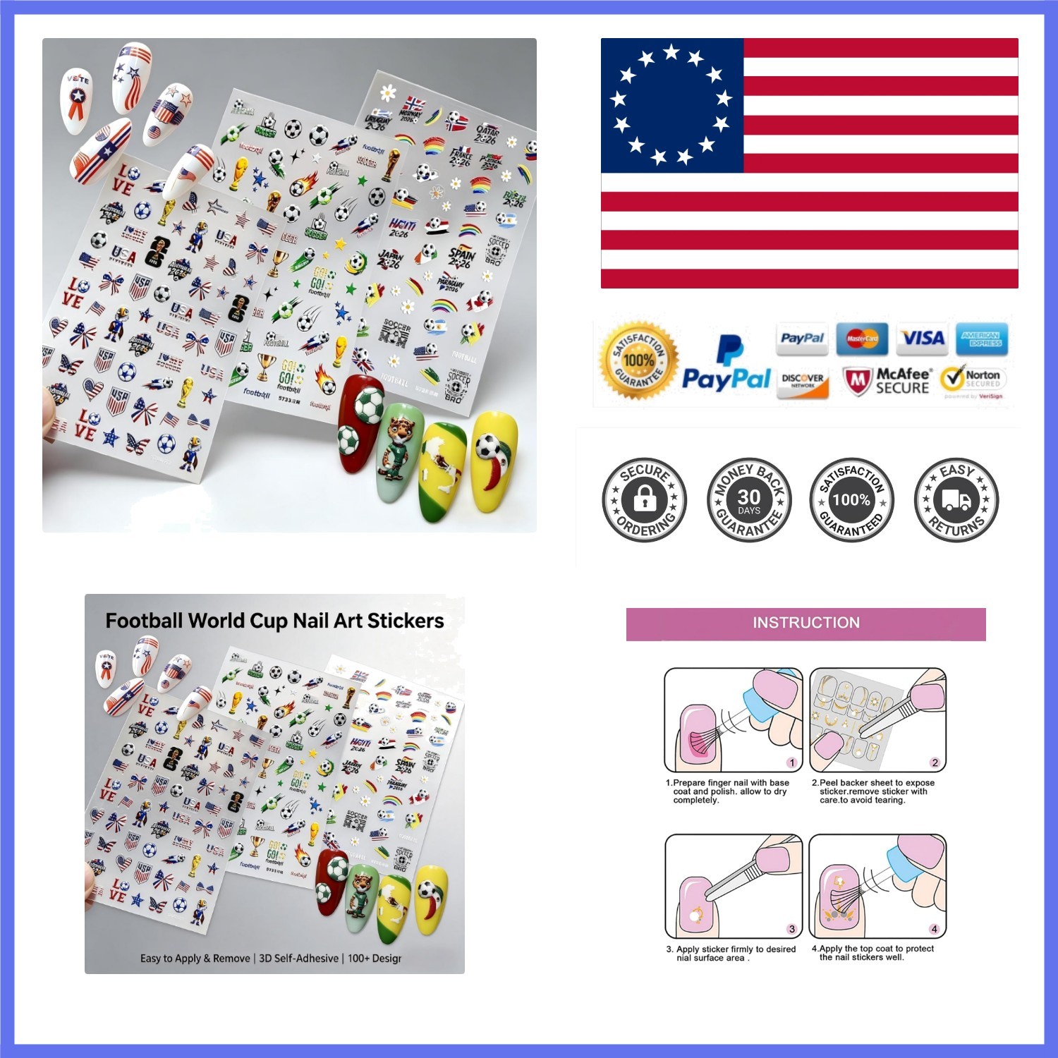 3 Sheets World Cups Nail Art Stickers 5D Self-Adhesive Embossed 2026 Soccer D…