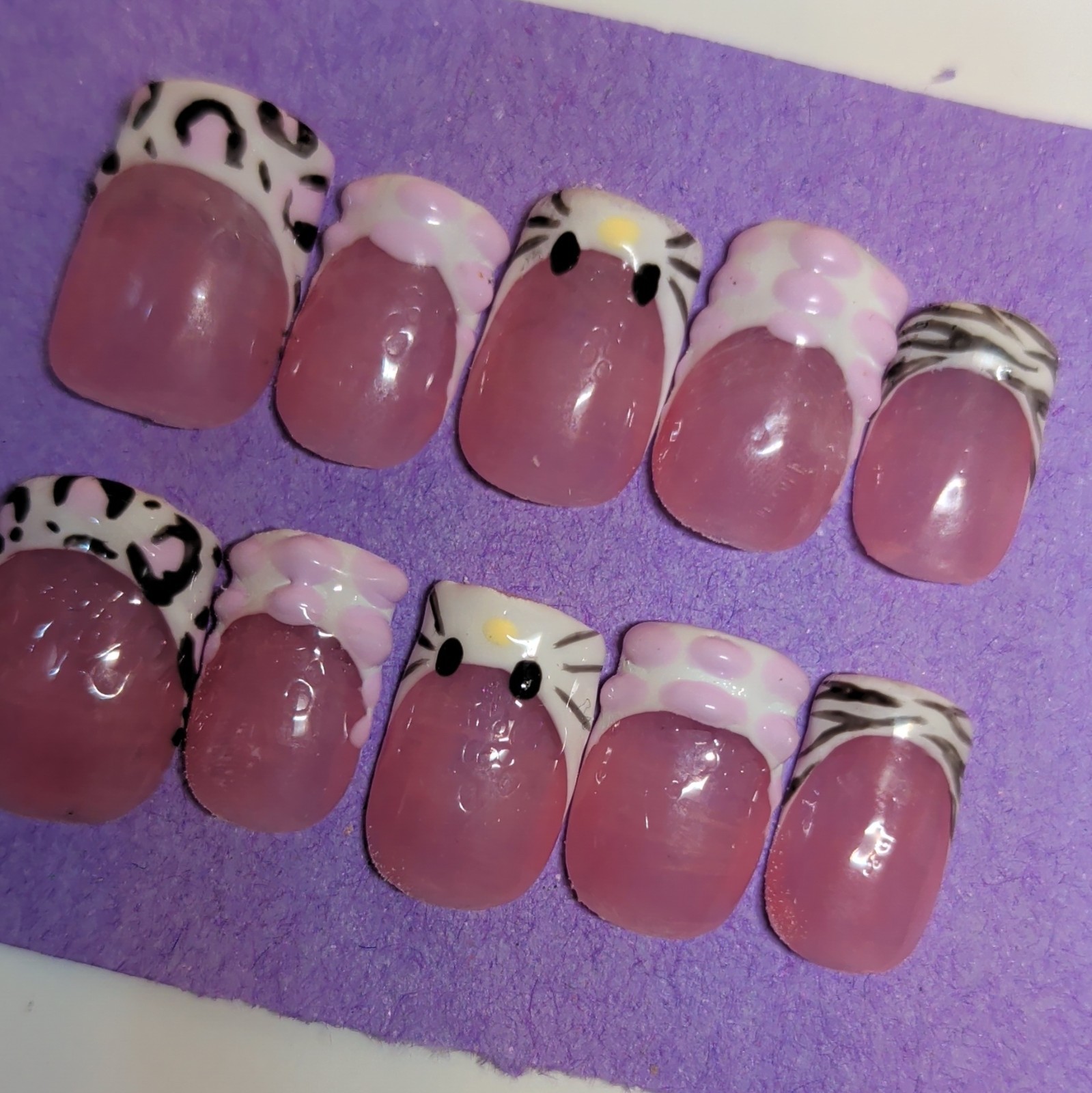 10 Piece Short Square Press-On Nails, Pink White Black 3D Shiny Animal, Handmade