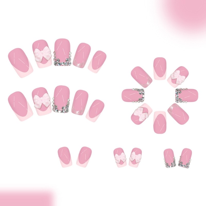 Pink Bows Fake Nail Snugly Fit Almond Shape Florals Design Artificial Nail
