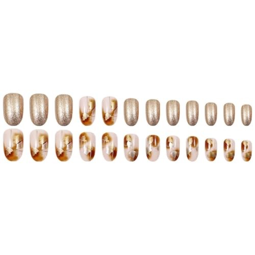 Brown Marble Press on Nails Medium Oval Glossy Fake Nails with Glitter style10