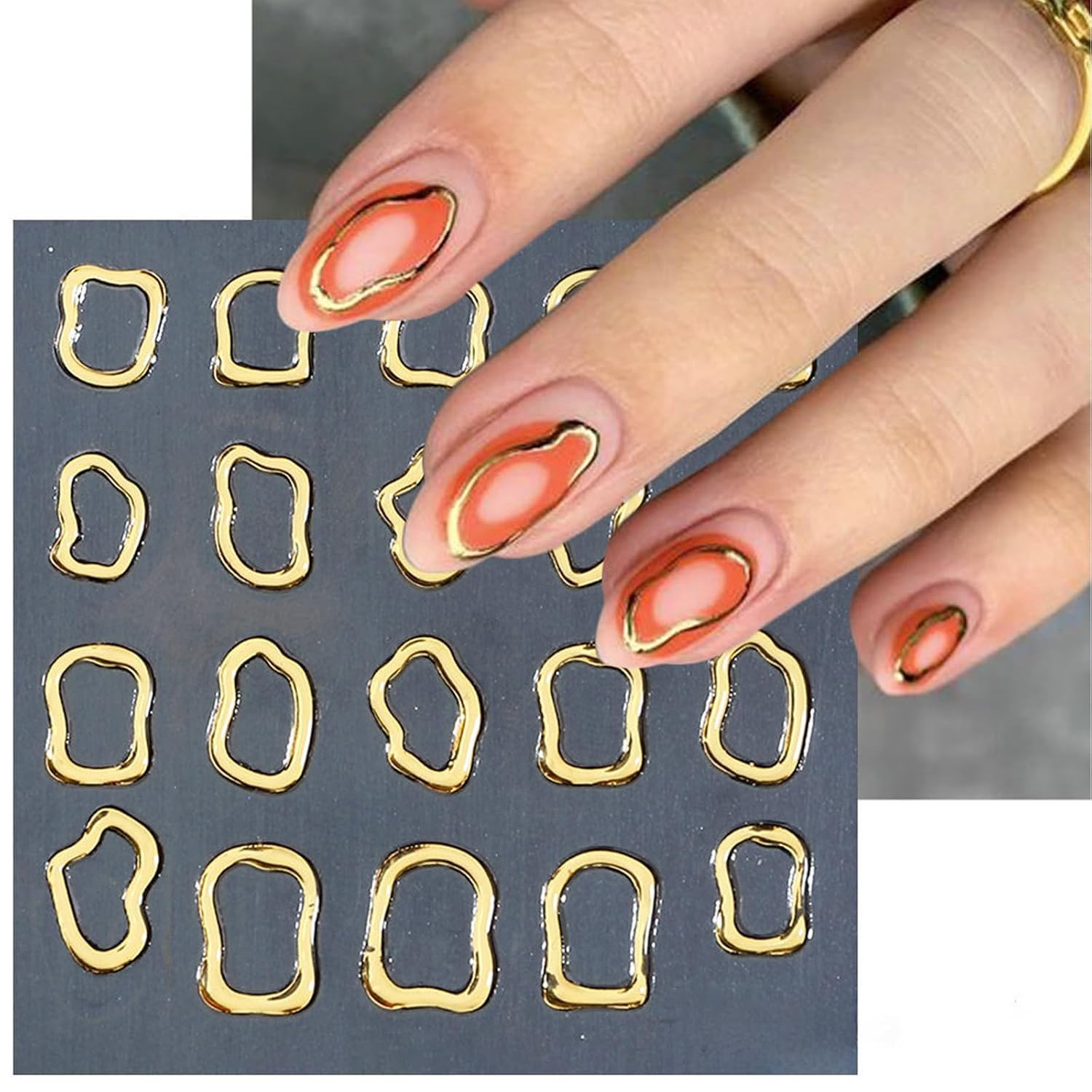 6 Sheets 5D Gold Embossed Nail Art Stickers Gem Crystal Irregular Geometric Fram