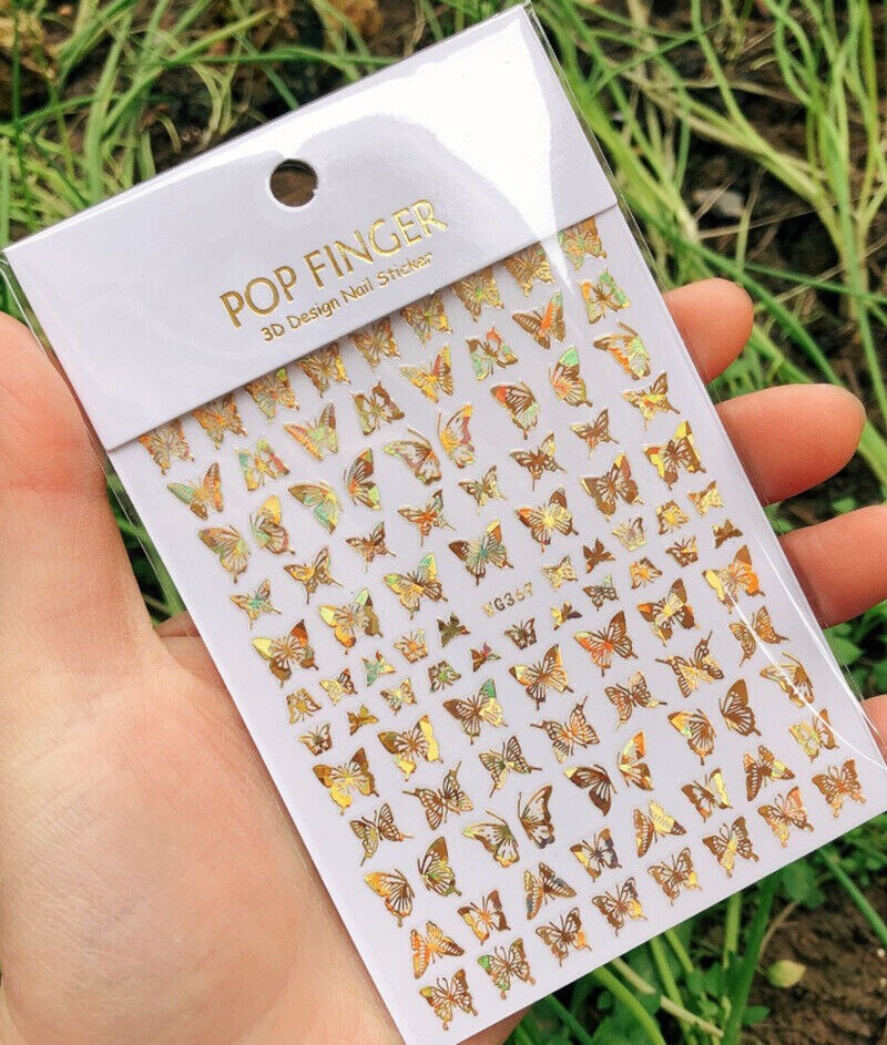 3D Nail Art Stickers Laser Gold Holographic Butterfly Peel Stick US Seller NH17
