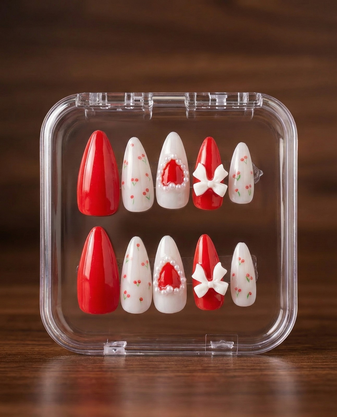 Handmade Press On Nails Red White Coquette Cherry Pearl Heart Bow Valentines Day