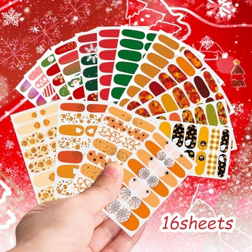 224PCS/16 Sheets Nail Polish Strips – Halloween, Fall, Christmas Gel Kit 1