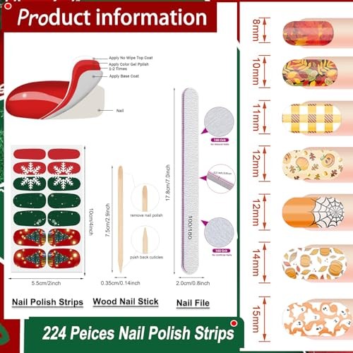 224PCS/16 Sheets Nail Polish Strips – Halloween, Fall, Christmas Gel Kit 1