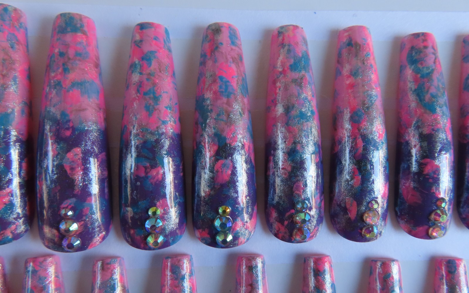XL Pink Purple Blue Silver Metallic Rhinestone Splatter Coffin Press On Nails
