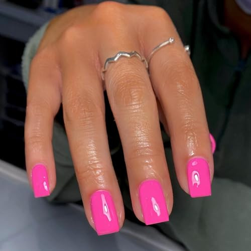 48Pcs Hot Pink Press on Nails Short Square Fake Nails, square glossy hot pink
