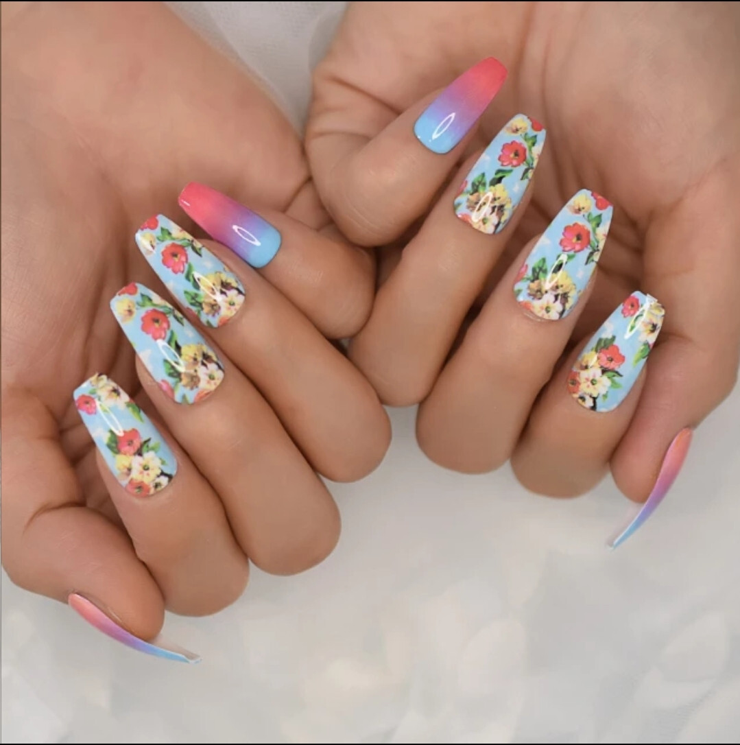 24 Press on nails kit w glue long coffin floral bright barbie pink