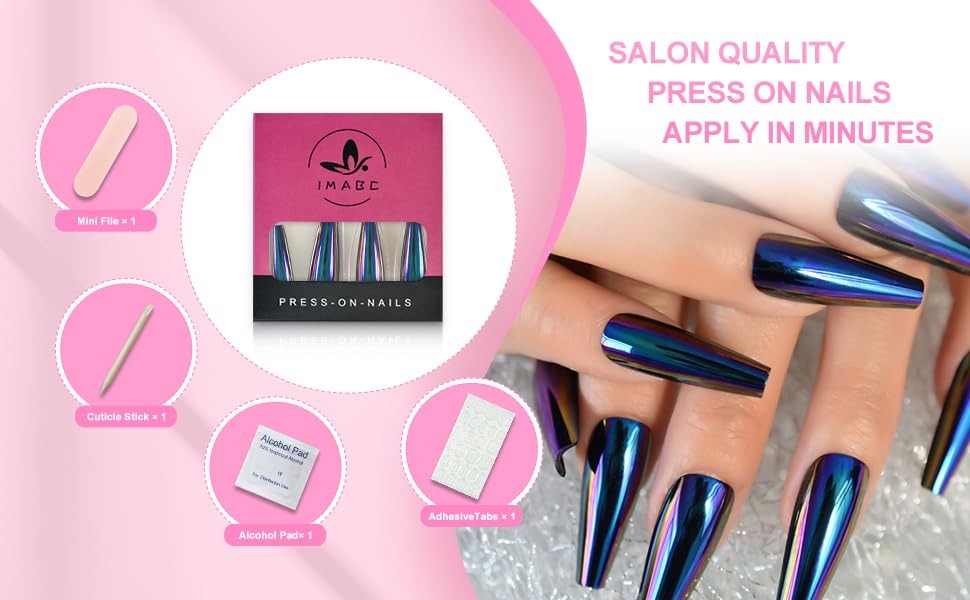 Blue Chrome Press On Nails Metallic Mirror Coffin Aurora Fake Nails Extra Long