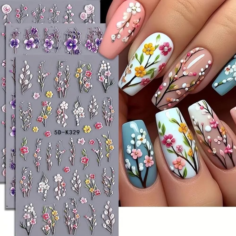 Purple Flower Nail Stickers 5D Embossed Branch Flowers Leaf Art A1