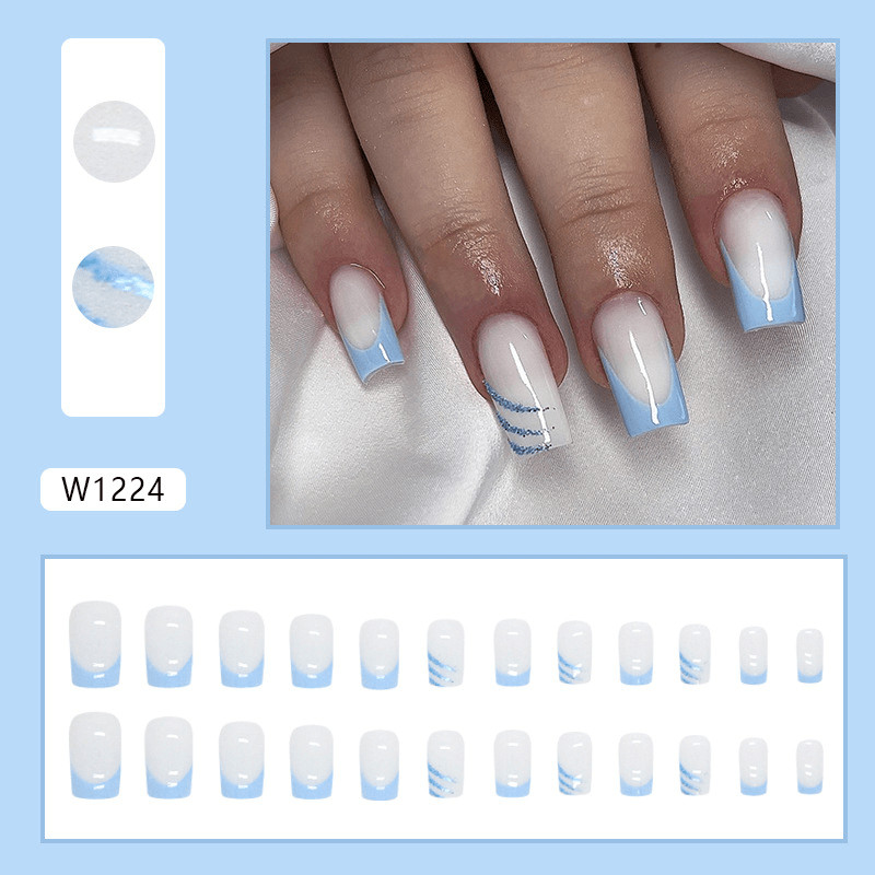 48P Short Square Press on Nails,Milky White Light Blue French Glitter Fake Nails