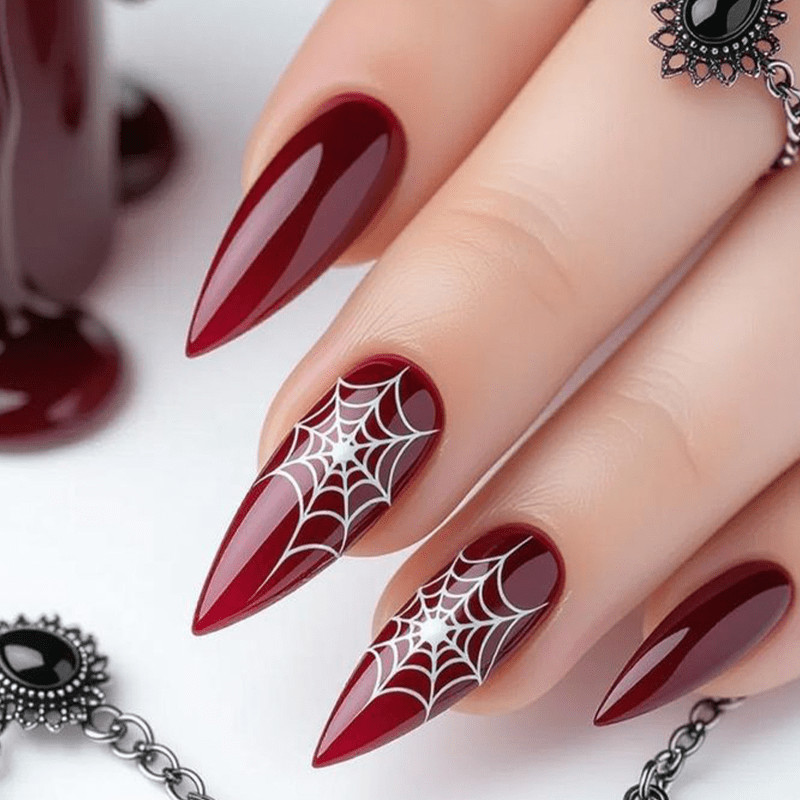 48P Burgundy Spider Web Almond Press on Nails, Gothic Halloween Party Fake Nails