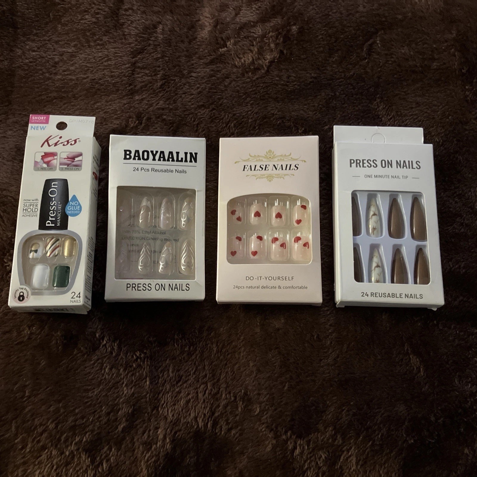 Press On Nails, Assorted Styles, 4 Packs, 4 Brands, Multicolor, 2 Reusable