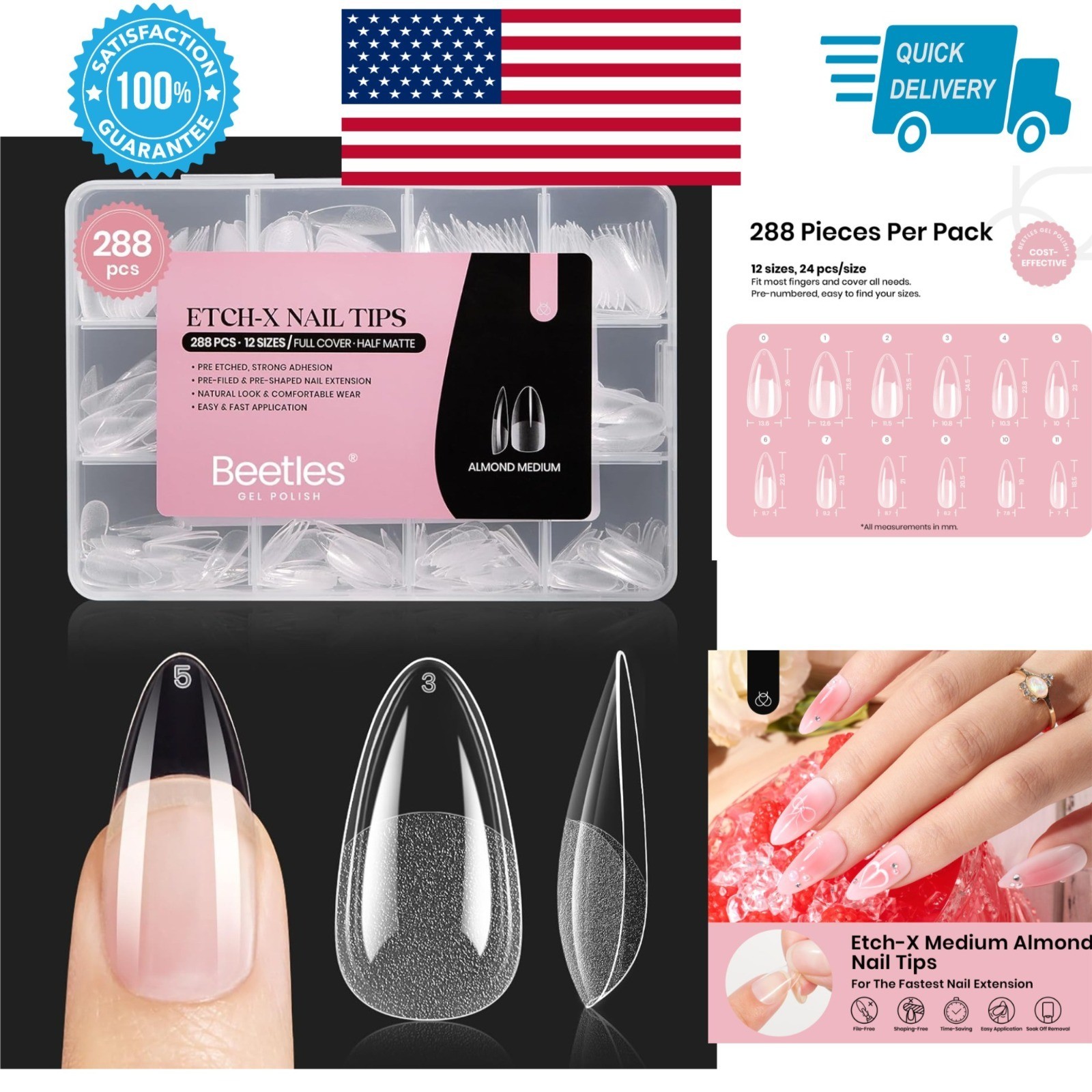 Beetles Gel Nail Tips Medium Almond 288 PCS | Press-On False Nails