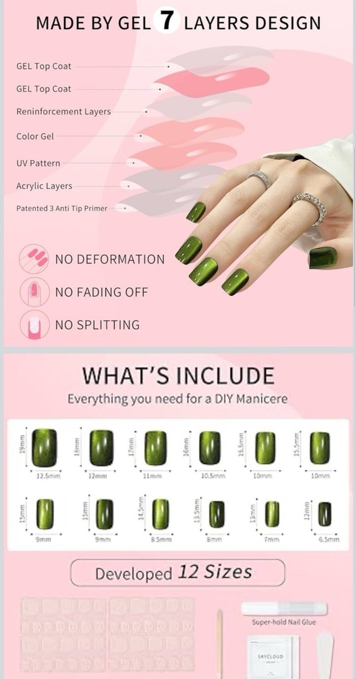 SKYCLOUD Green Cat Eye Gel Press On Nails Full Cover Tips Reusable SemiCured DIY