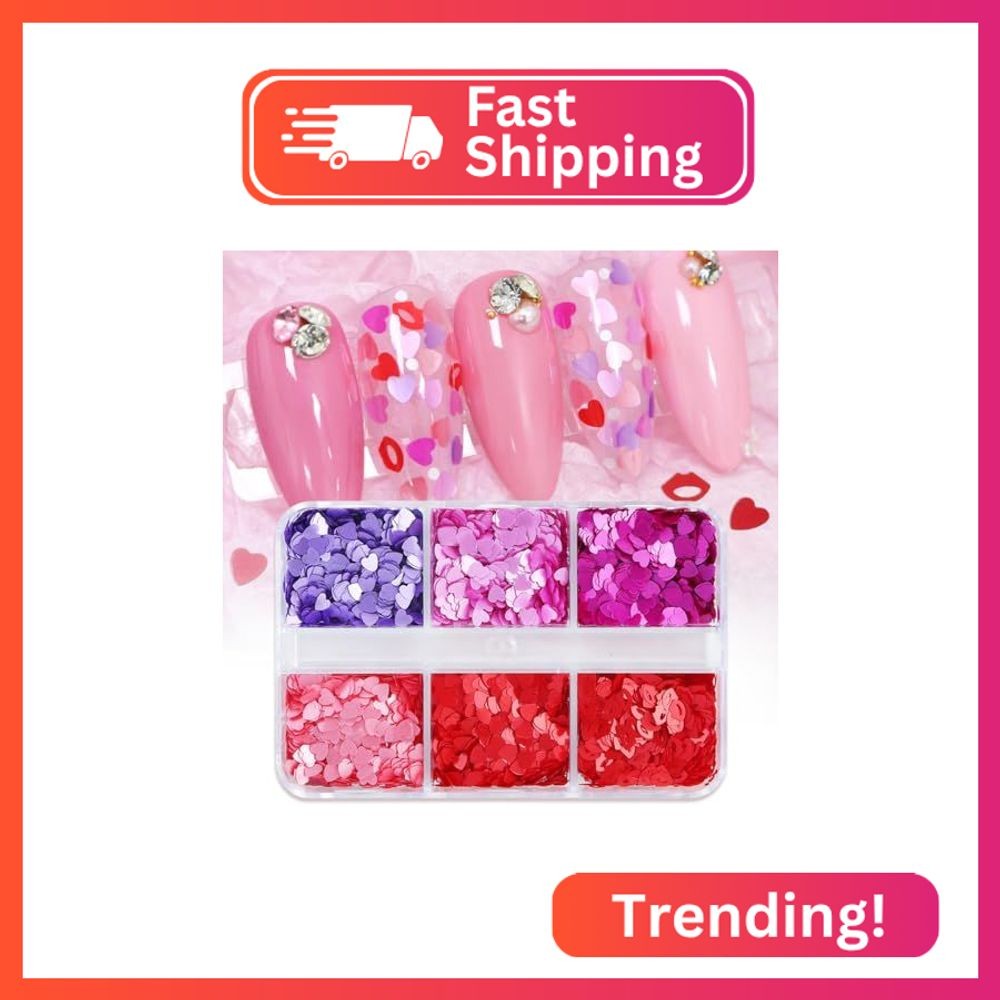 6 Grids Heart Nail Art Glitters Sequins Valentine’s Day Nail Art Decoration 3D H