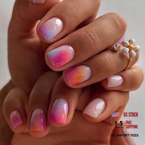 Ombre Pink Purple Press on Nails – Square Fake Nails – DGH-45 – Design Short