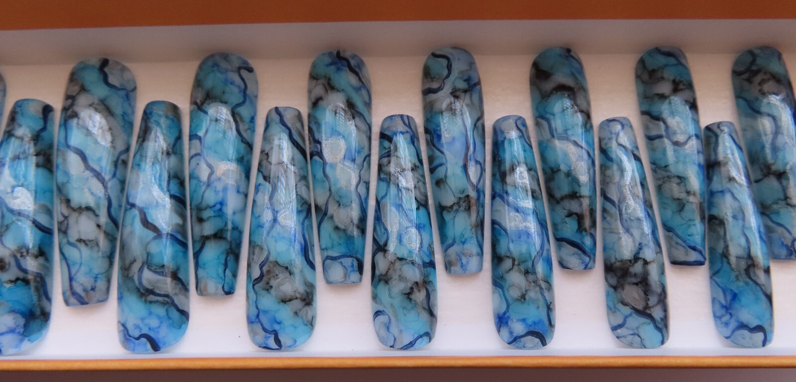 XL Blue Black Silver Metallic Ink Square Coffin Press On Nails (20)