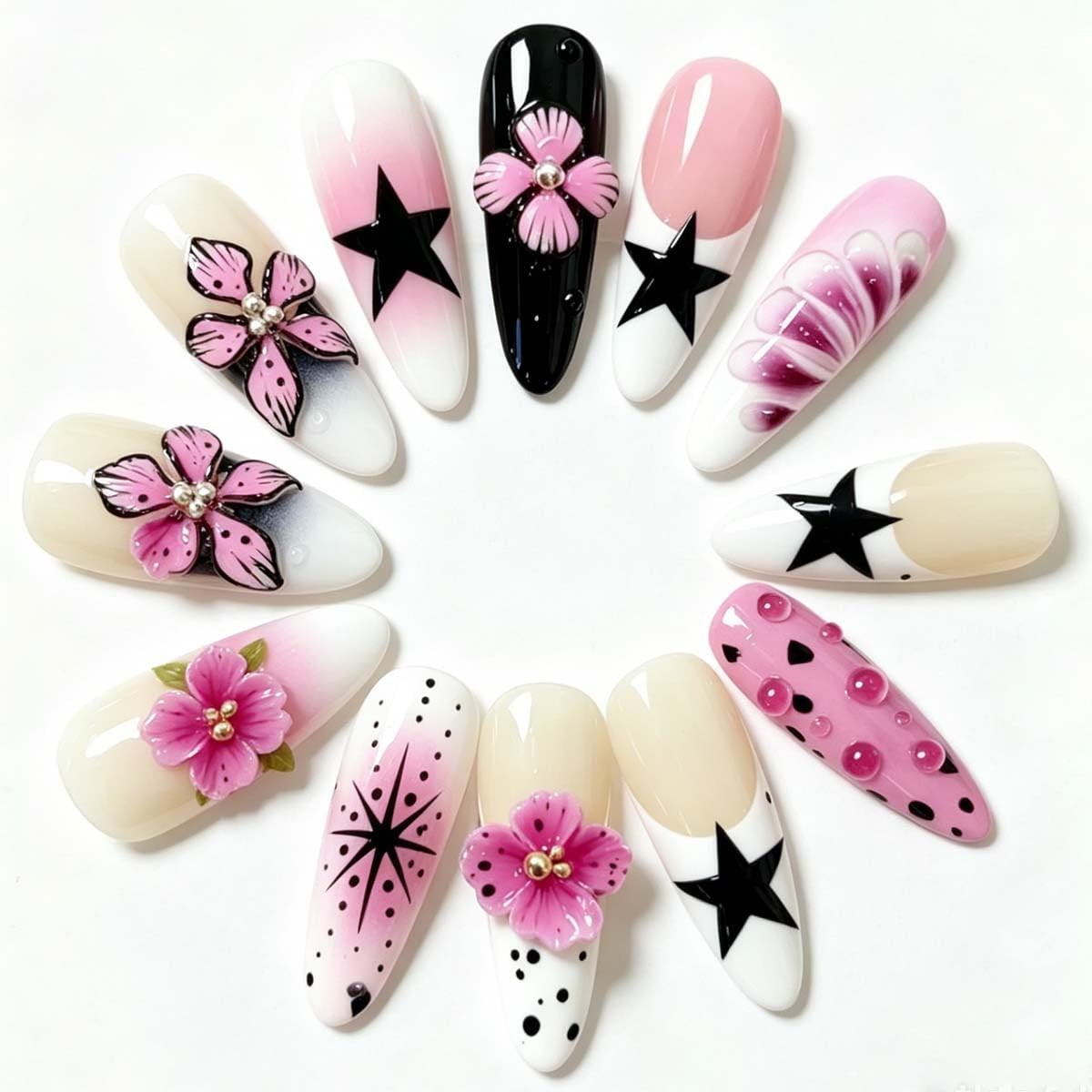 24Pcs French Tip Press on Nails Long Almond Flower Fake Nails with Rhinestone…