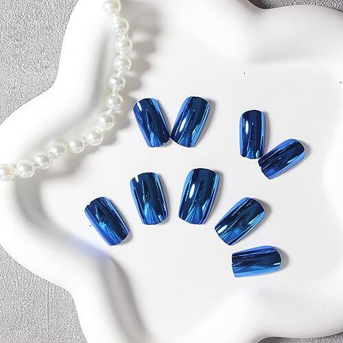 Mirror Metal Royal Blue Press on Nails Medium Short Square square royal blue